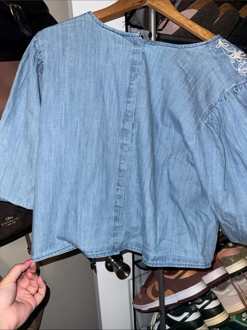 Anthropologie Light Blue Embroidered Tie-Front Blouse